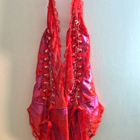 Lace-Up Red and Purple Lingerie Bodysuit - Picture 1 of 9